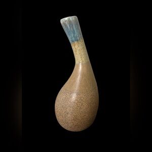 Brown/Blue Unique Shaped Glazed Vase - Marked - 8.5” Tall